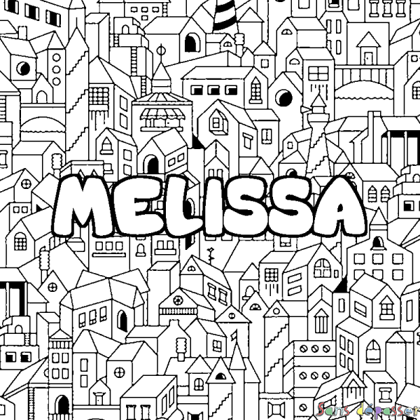 Coloriage pr&eacute;nom MELISSA - d&eacute;cor Ville