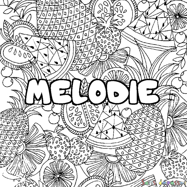 Coloriage prénom MELODIE - d&eacute;cor Mandala fruits