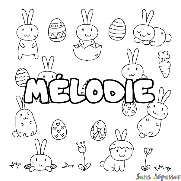 Coloriage pr&eacute;nom M&Eacute;LODIE - d&eacute;cor Paques
