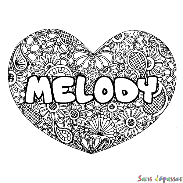 Coloriage prénom MELODY - d&eacute;cor Mandala coeur