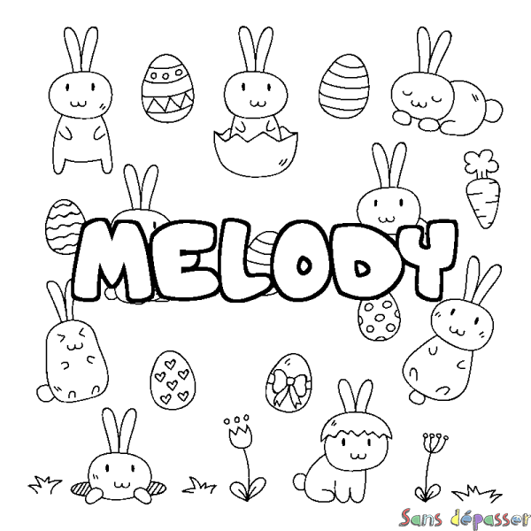 Coloriage pr&eacute;nom MELODY - d&eacute;cor Paques