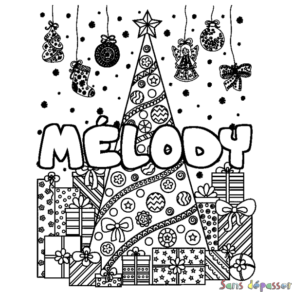 Coloriage pr&eacute;nom M&Eacute;LODY - d&eacute;cor Sapin et Cadeaux