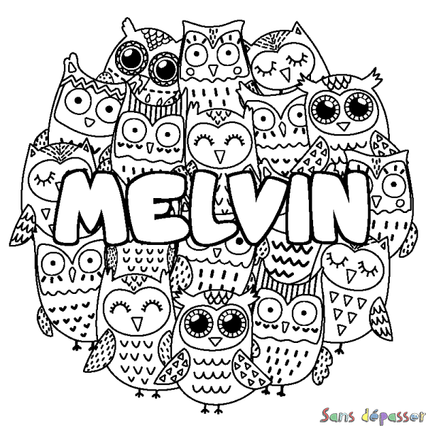 Coloriage pr&eacute;nom MELVIN - d&eacute;cor Chouettes