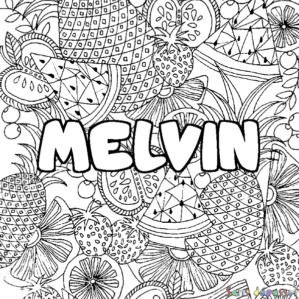 Coloriage pr&eacute;nom MELVIN - d&eacute;cor Mandala fruits