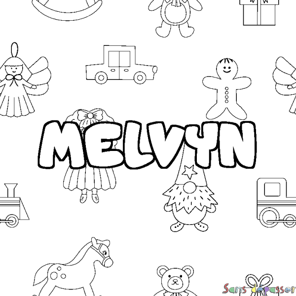 Coloriage pr&eacute;nom MELVYN - d&eacute;cor Jouets