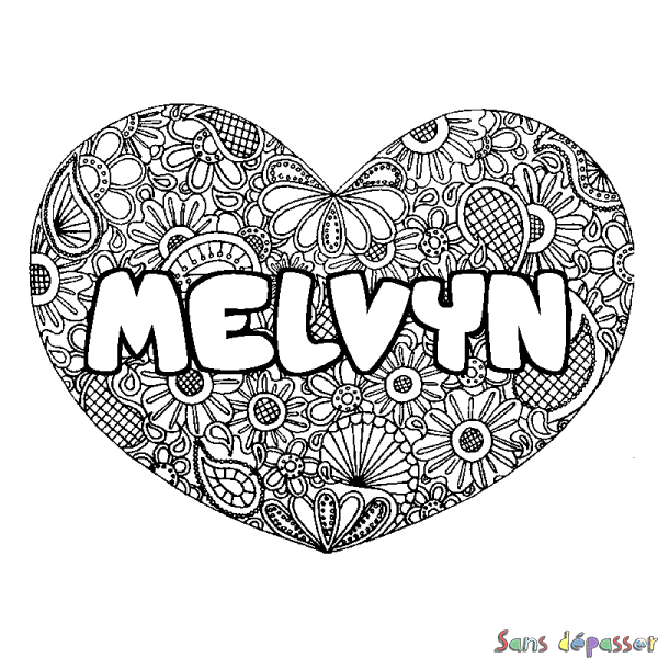 Coloriage prénom MELVYN - d&eacute;cor Mandala coeur