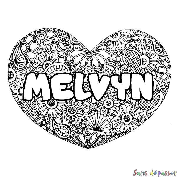 Coloriage pr&eacute;nom MELVYN - d&eacute;cor Mandala coeur