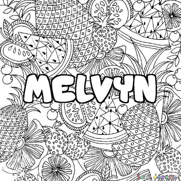 Coloriage pr&eacute;nom MELVYN - d&eacute;cor Mandala fruits