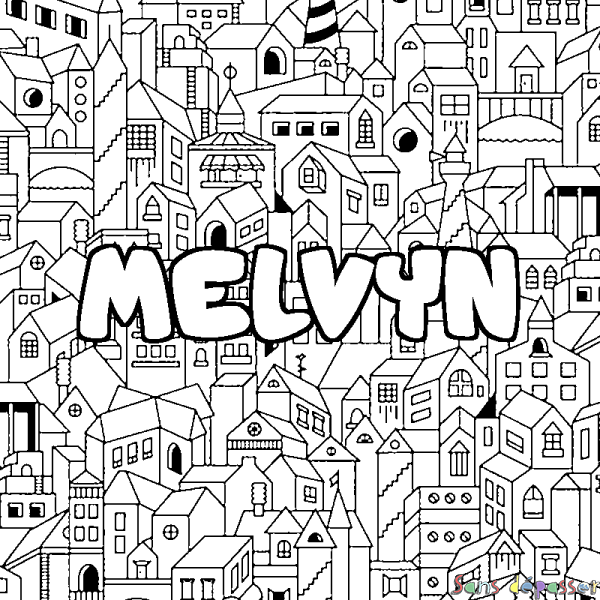 Coloriage pr&eacute;nom MELVYN - d&eacute;cor Ville