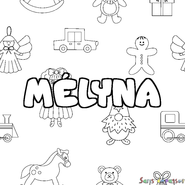 Coloriage pr&eacute;nom M&Eacute;LYNA - d&eacute;cor Jouets
