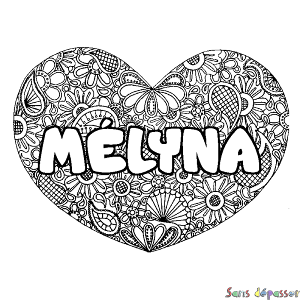 Coloriage pr&eacute;nom M&Eacute;LYNA - d&eacute;cor Mandala coeur