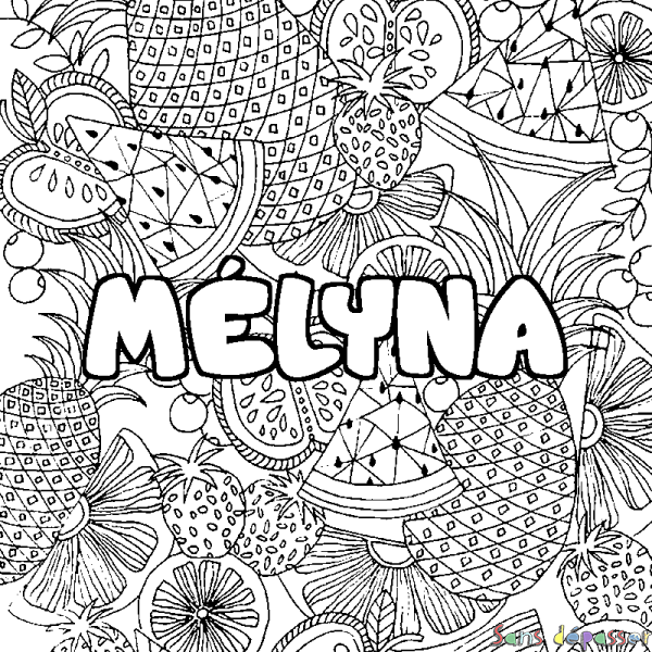 Coloriage pr&eacute;nom M&Eacute;LYNA - d&eacute;cor Mandala fruits