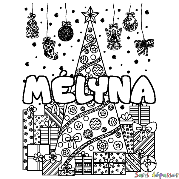 Coloriage pr&eacute;nom M&Eacute;LYNA - d&eacute;cor Sapin et Cadeaux