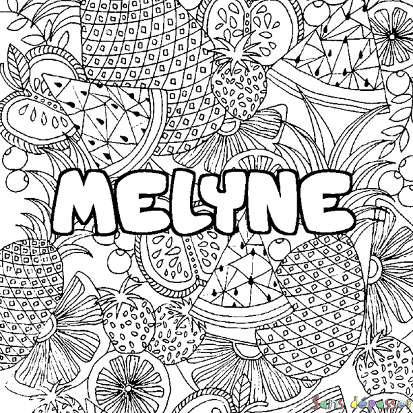 Coloriage pr&eacute;nom MELYNE - d&eacute;cor Mandala fruits