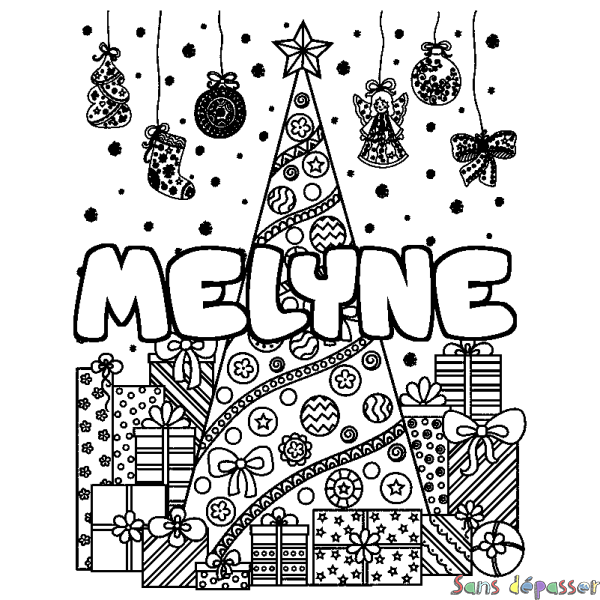 Coloriage prénom MELYNE - d&eacute;cor Sapin et Cadeaux