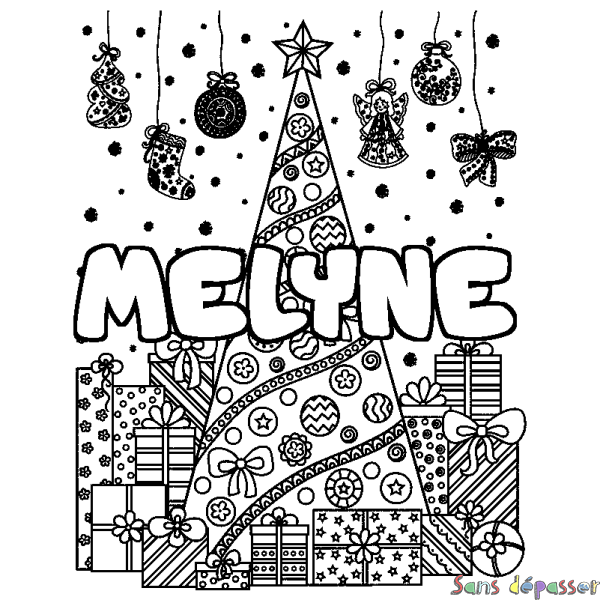 Coloriage pr&eacute;nom MELYNE - d&eacute;cor Sapin et Cadeaux