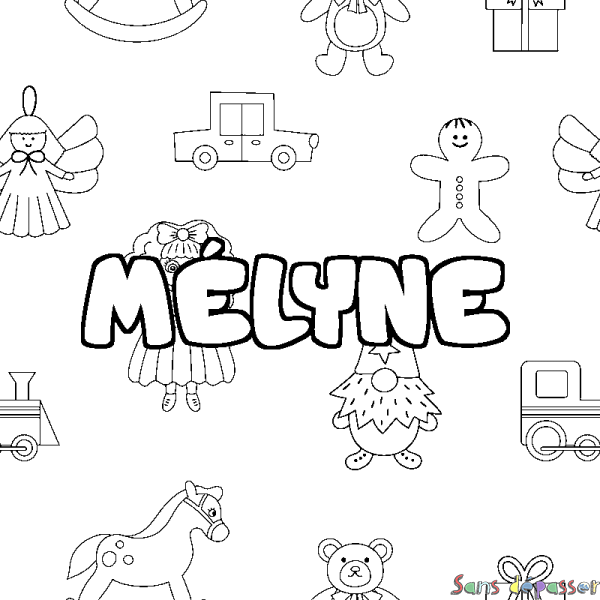 Coloriage pr&eacute;nom M&Eacute;LYNE - d&eacute;cor Jouets