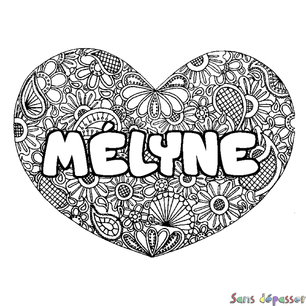Coloriage pr&eacute;nom M&Eacute;LYNE - d&eacute;cor Mandala coeur
