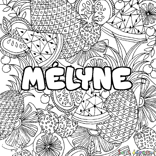 Coloriage pr&eacute;nom M&Eacute;LYNE - d&eacute;cor Mandala fruits