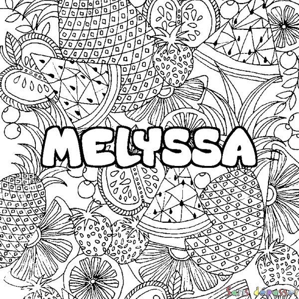 Coloriage pr&eacute;nom MELYSSA - d&eacute;cor Mandala fruits