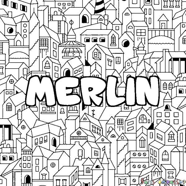 Coloriage prénom MERLIN - d&eacute;cor Ville