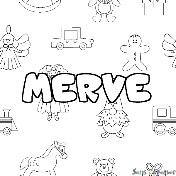 Coloriage pr&eacute;nom MERVE - d&eacute;cor Jouets
