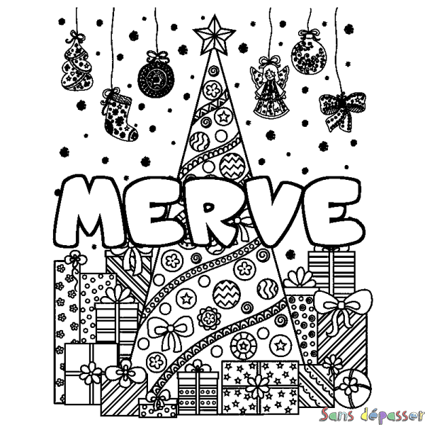 Coloriage pr&eacute;nom MERVE - d&eacute;cor Sapin et Cadeaux
