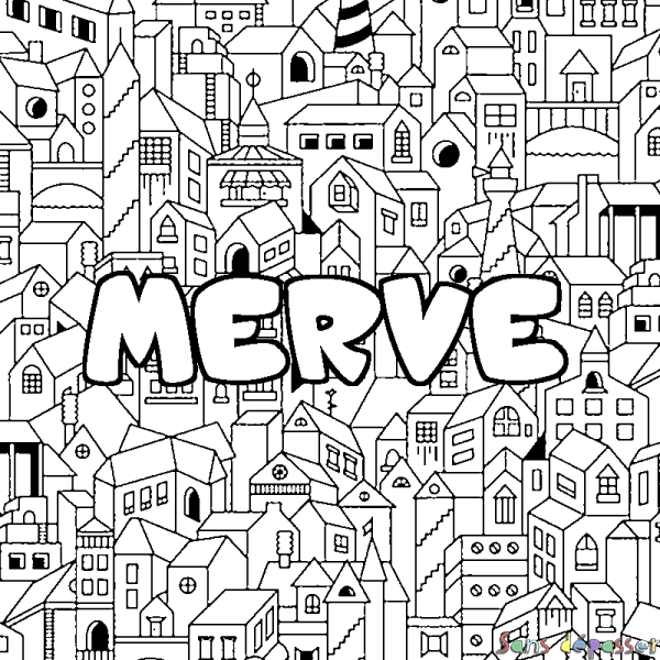 Coloriage pr&eacute;nom MERVE - d&eacute;cor Ville