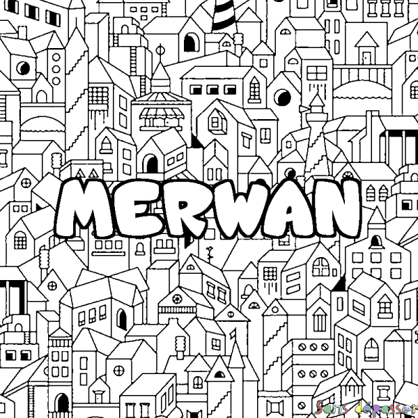 Coloriage prénom MERWAN - d&eacute;cor Ville