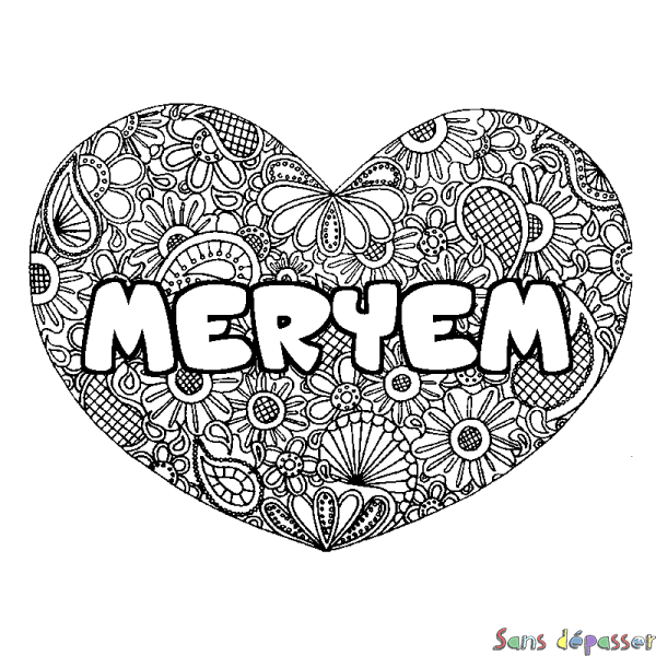Coloriage pr&eacute;nom MERYEM - d&eacute;cor Mandala coeur