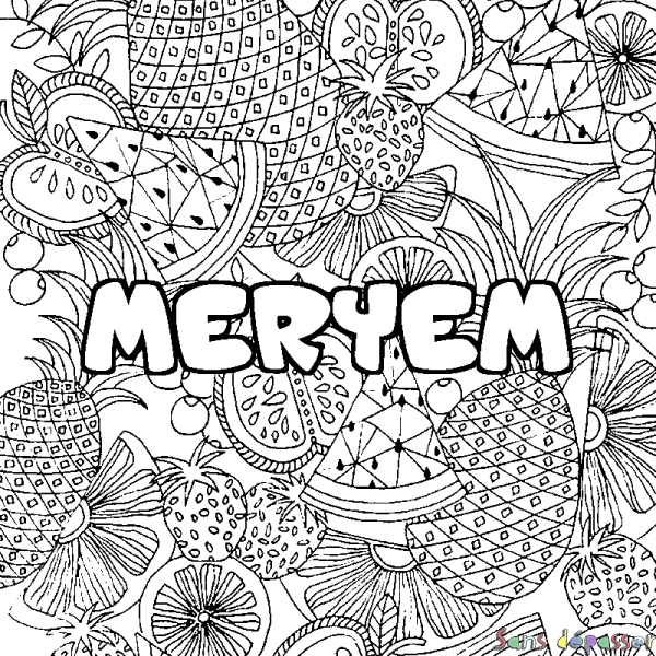Coloriage pr&eacute;nom MERYEM - d&eacute;cor Mandala fruits