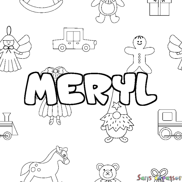 Coloriage pr&eacute;nom MERYL - d&eacute;cor Jouets