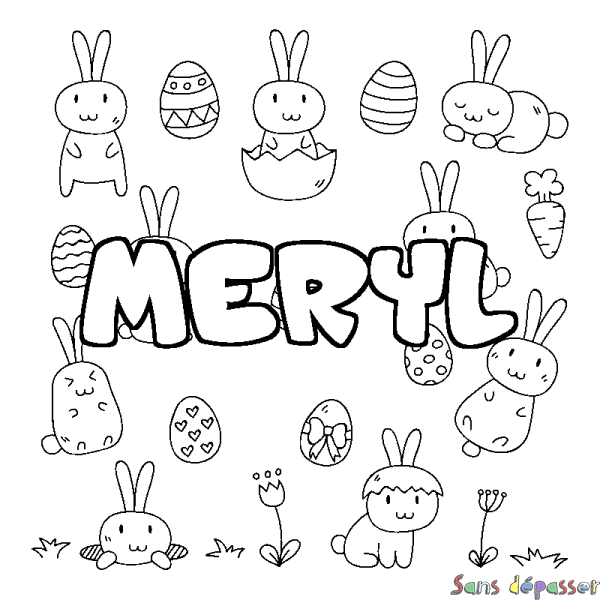 Coloriage pr&eacute;nom MERYL - d&eacute;cor Paques
