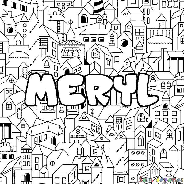 Coloriage pr&eacute;nom MERYL - d&eacute;cor Ville