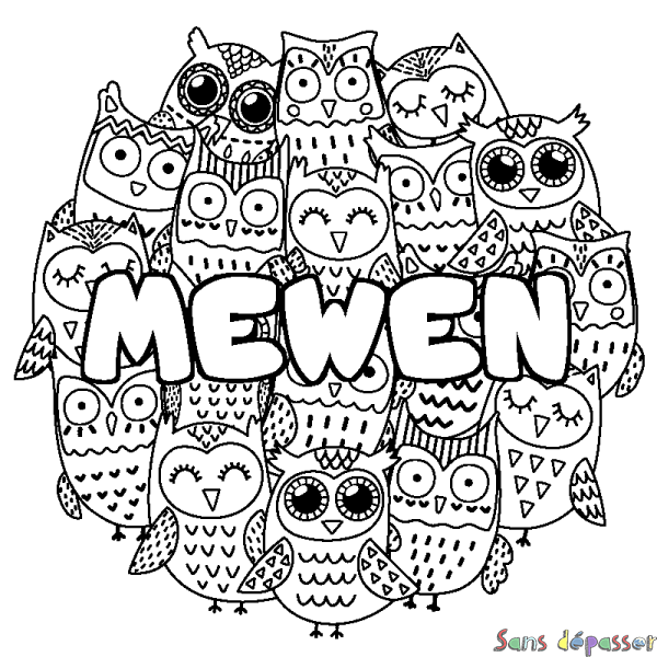 Coloriage pr&eacute;nom MEWEN - d&eacute;cor Chouettes
