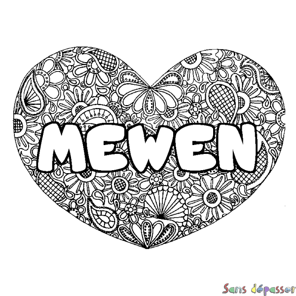 Coloriage pr&eacute;nom MEWEN - d&eacute;cor Mandala coeur