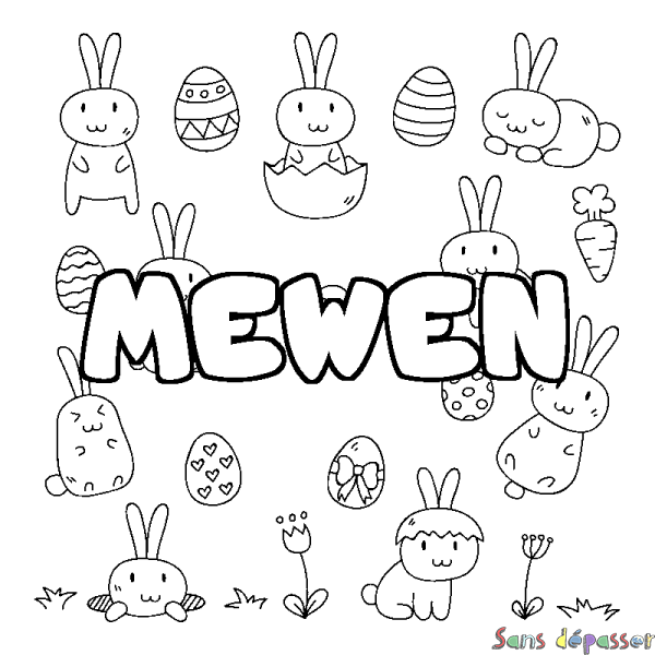 Coloriage pr&eacute;nom MEWEN - d&eacute;cor Paques