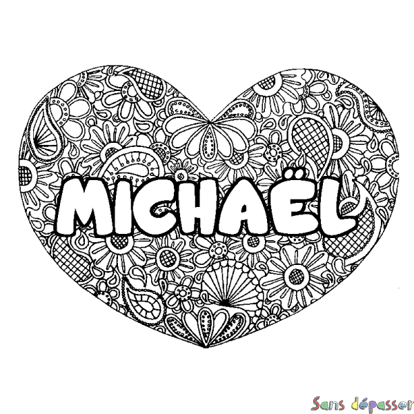 Coloriage pr&eacute;nom MICHA&Euml;L - d&eacute;cor Mandala coeur