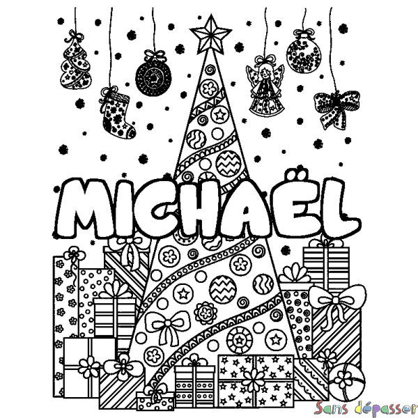 Coloriage pr&eacute;nom MICHA&Euml;L - d&eacute;cor Sapin et Cadeaux