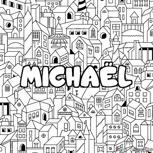Coloriage pr&eacute;nom MICHA&Euml;L - d&eacute;cor Ville