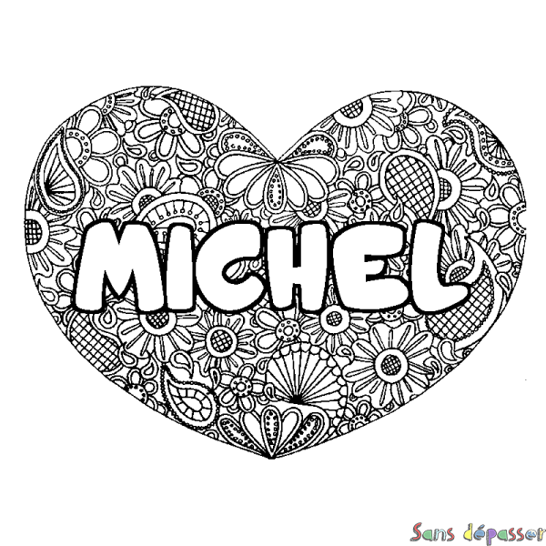 Coloriage pr&eacute;nom MICHEL - d&eacute;cor Mandala coeur