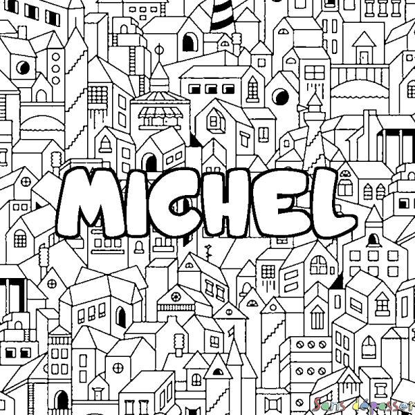 Coloriage pr&eacute;nom MICHEL - d&eacute;cor Ville