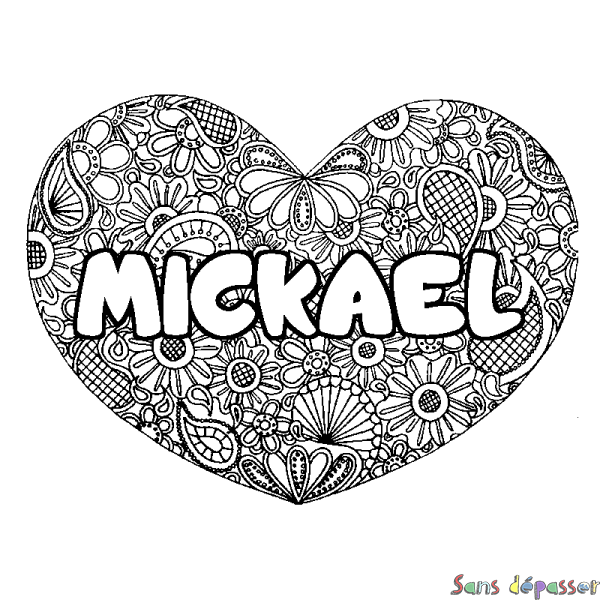 Coloriage pr&eacute;nom MICKAEL - d&eacute;cor Mandala coeur