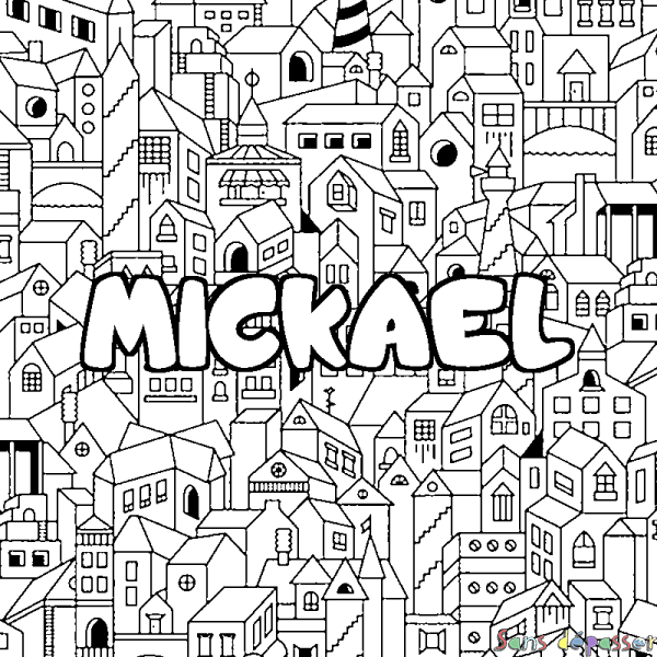 Coloriage pr&eacute;nom MICKAEL - d&eacute;cor Ville