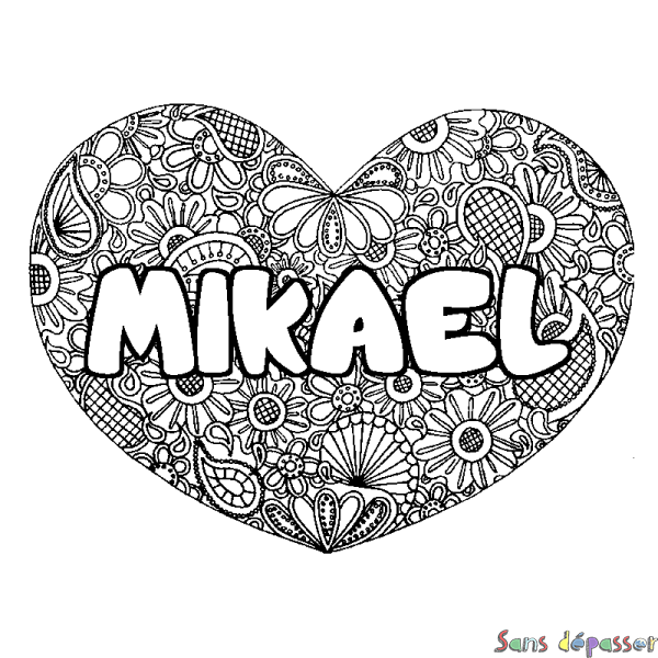 Coloriage prénom MIKAEL - d&eacute;cor Mandala coeur