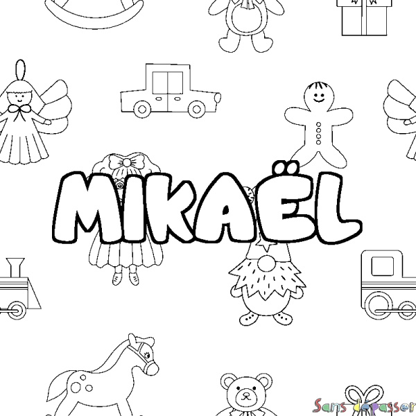 Coloriage pr&eacute;nom MIKA&Euml;L - d&eacute;cor Jouets