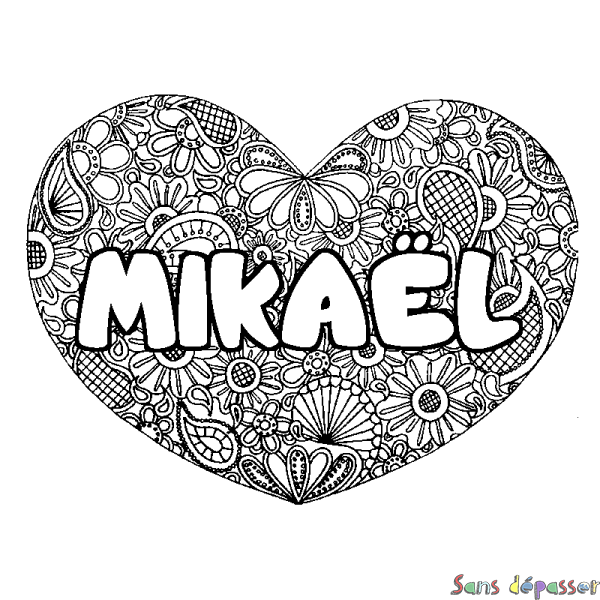 Coloriage pr&eacute;nom MIKA&Euml;L - d&eacute;cor Mandala coeur