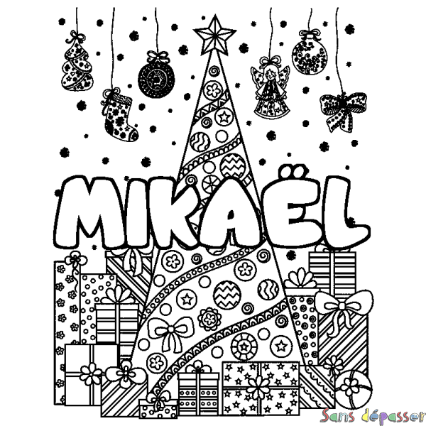 Coloriage pr&eacute;nom MIKA&Euml;L - d&eacute;cor Sapin et Cadeaux