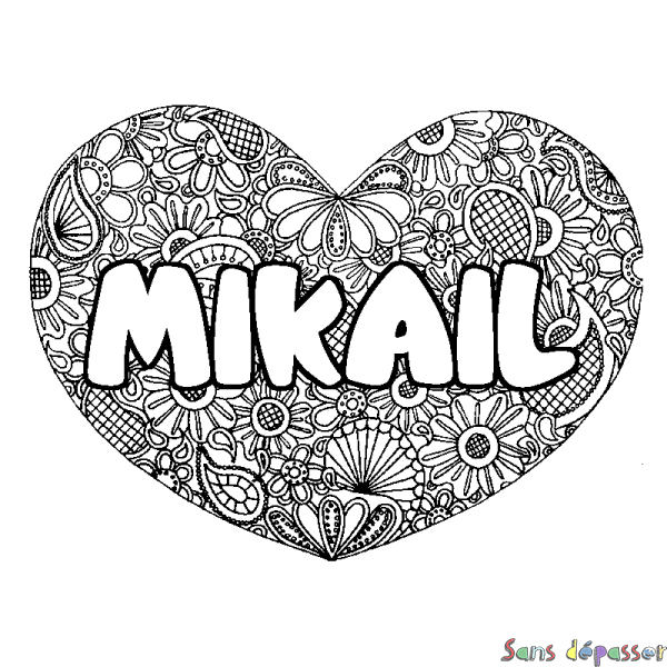 Coloriage prénom MIKAIL - d&eacute;cor Mandala coeur