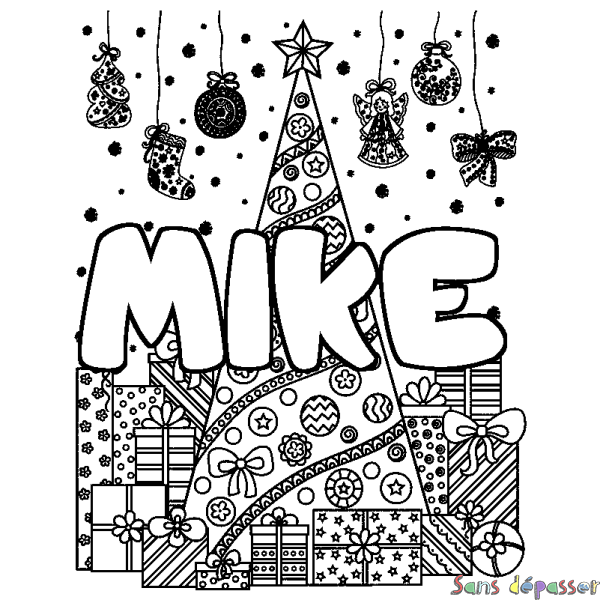 Coloriage prénom MIKE - d&eacute;cor Sapin et Cadeaux